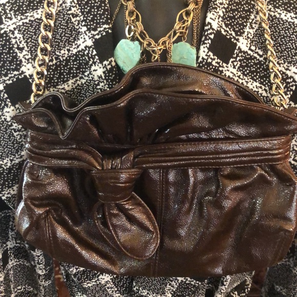 Loeffler Randall Handbag Chocolate Metallic Purse Heavy Gold Chain Link Strap - Picture 1 of 9